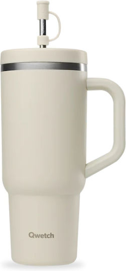 Qwetch Ποτήρι Θερμός Ανοξείδωτο / Πλαστικό 900ml Qwetch Μπεζ με Καλαμάκι και Επιστόμιο