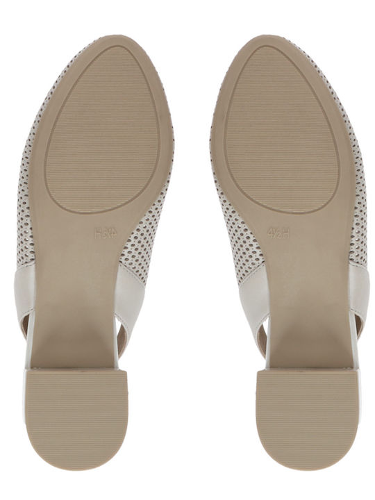 Leather Pointed Toe Heels with Low Heel Ecru
