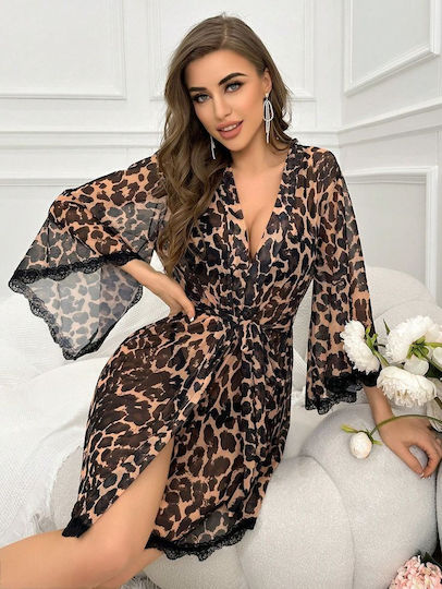 Halat Leopard Sexy Pentru Femei Din Voal Semitransparent Negru Cu Dantelă Șnur Reglabil Obro