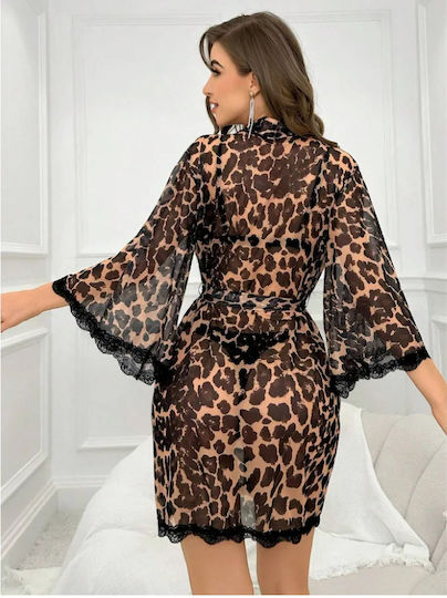 Halat Leopard Sexy Pentru Femei Din Voal Semitransparent Negru Cu Dantelă Șnur Reglabil Obro