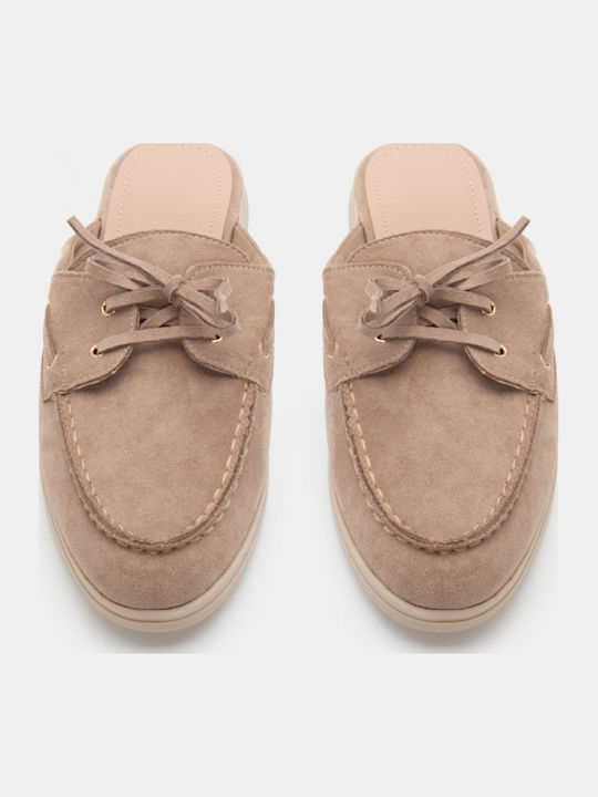 Flat Wildleder Damen Pantoletten in Beige Farbe