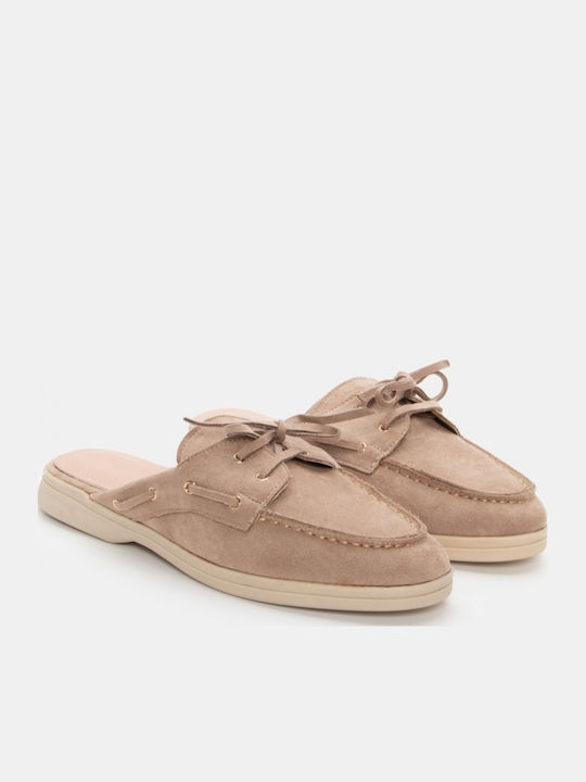 Flat Wildleder Damen Pantoletten in Beige Farbe