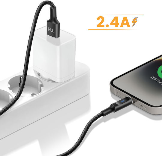 Avizar Cablu Usb-A La Lightning Led Încărcare Rapidă 2.4A Nylon Împletit 1.5M Negru