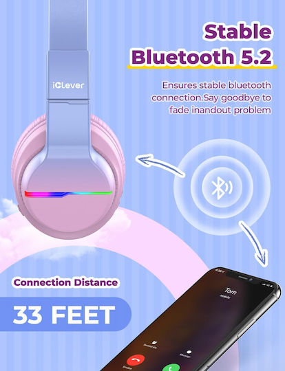 iClever BTH12 Căști Over Ear de Copii Wireless / cu Fir cu 85 de Ore Autonomie și Încărcare Rapidă Roz