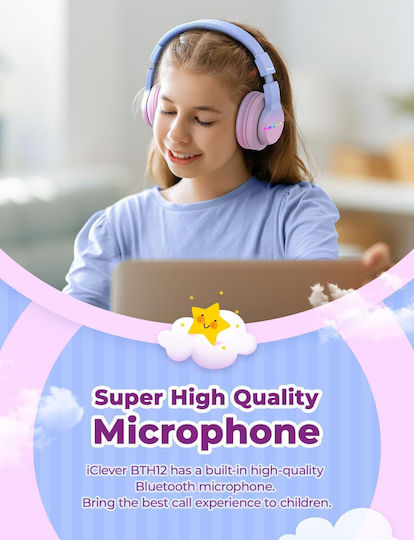 iClever BTH12 Căști Over Ear de Copii Wireless / cu Fir cu 85 de Ore Autonomie și Încărcare Rapidă Roz