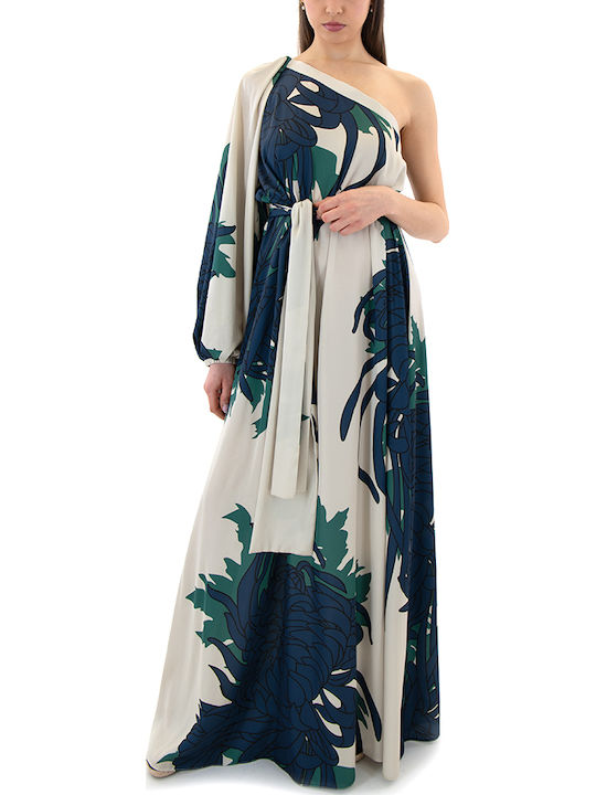 Summer Maxi Evening Satin Dress Ecru Blue Green