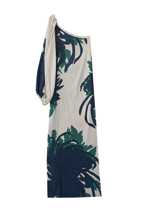 Summer Maxi Evening Satin Dress Ecru Blue Green