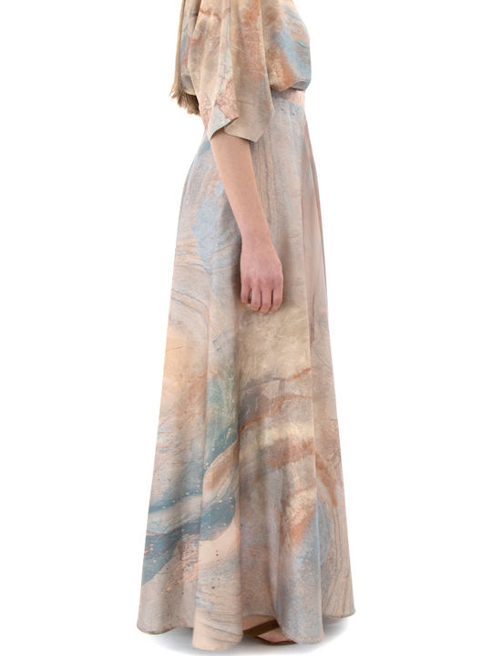 Satin High Waist Maxi Skirt Brown Beige Blue