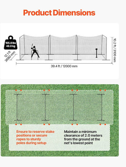 Baseball Cage Vevor Portable Baseball Cage 12000 X 3680 X 3100 Mm Batting Cages 45-ply Knotted Hdpe & Long Mounting Ropes Baseball Cage Net Indoor Outdoor Spaces