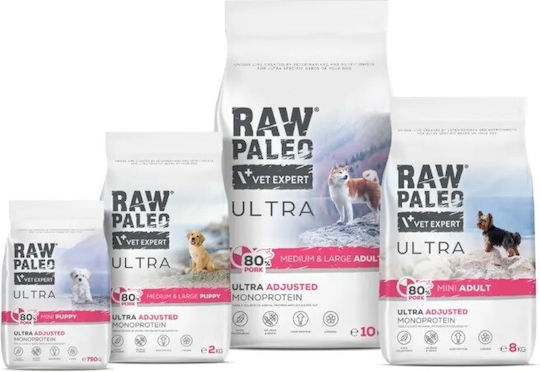 VetExpert Raw Paleo 2kg Trockenfutter für Erwachsene Hunde Kleine Rassen mit Schweinefleisch ohne Körner