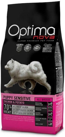 Optimanova Puppy Sensitive 12кг Суха Храна без Зърнени храни за Кученца с Картофи и Сьомга