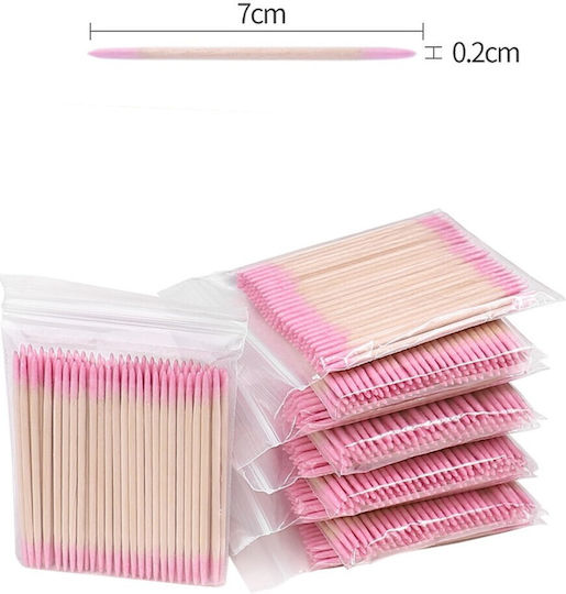 Сет 100 Розови Дървени Памучни Sticks Microbrushes Двустранни