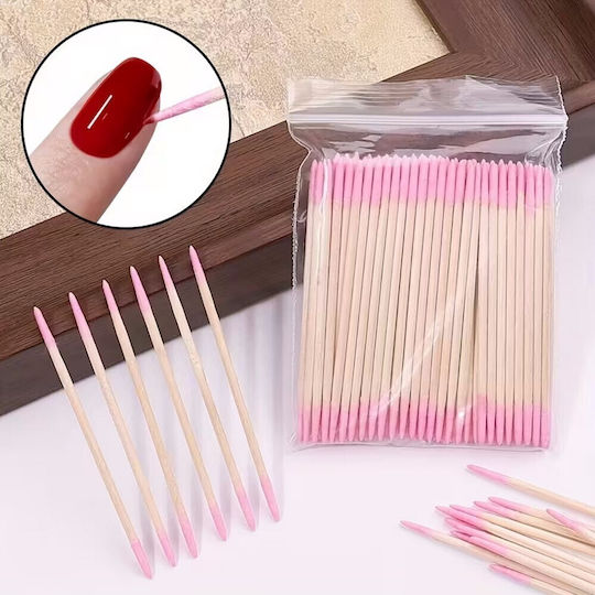 Сет 100 Розови Дървени Памучни Sticks Microbrushes Двустранни