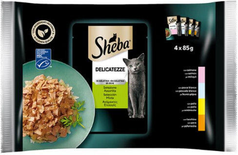 Sheba 4 Beutel Nassfutter Huhn Türkei Thunfisch Weiß Fisch Gelee 4x85g