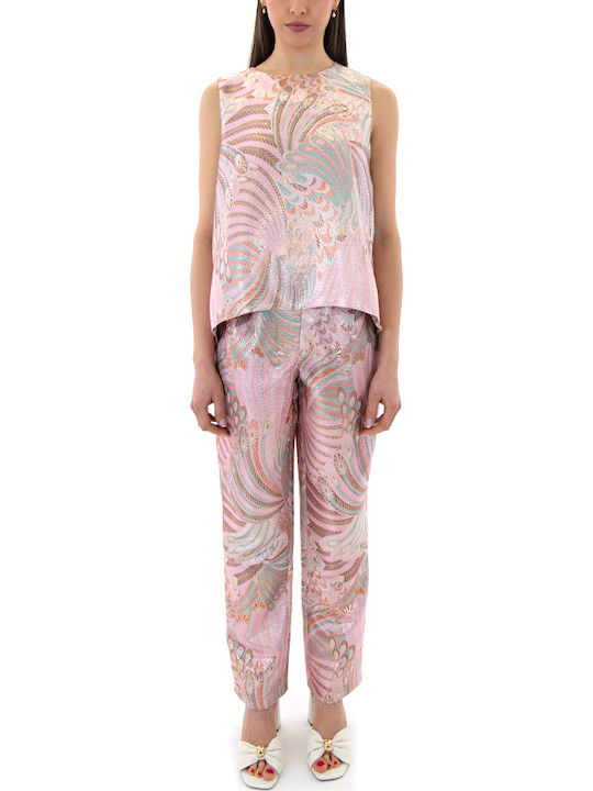 Moutaki Women's High Rise Fabric Trousers Green Pink Gold