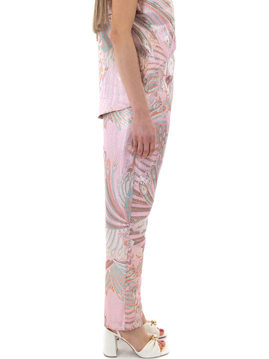 Women's High Rise Fabric Trousers Green Pink Gold