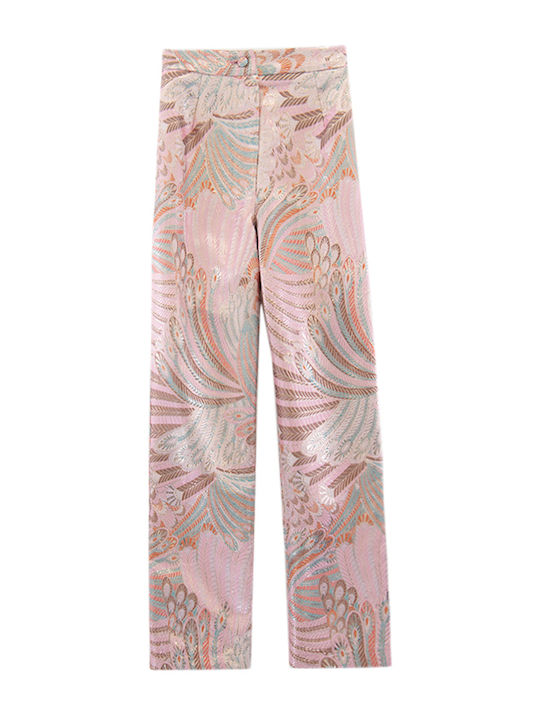 Women's High Rise Fabric Trousers Green Pink Gold