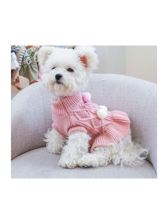Dog Sweater Dress Pink Pom Pom Back Length 23 25 Cm