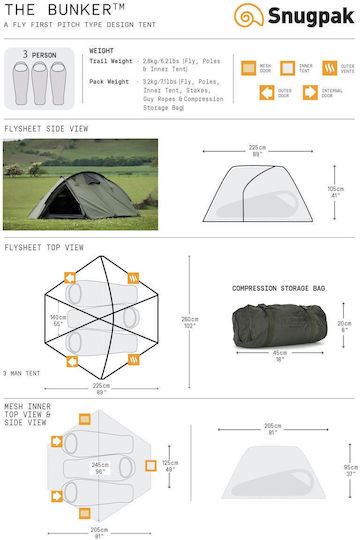 Snugpak Bunker 3 Зимна Къмпинг Сцена Igloo Катерене Каки с Двойна Плат за 3 Човека Водоустойчивост 5000mm 245x205x105см