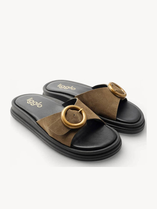 Ladí Leder Flatform Damen Pantoffeln Mit Metallischem Ring