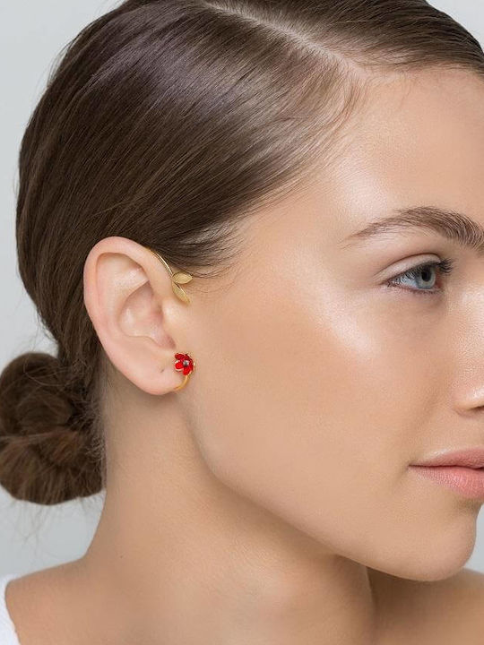 Ear Cuff Red Flower Left Ear Handmade Silver 925