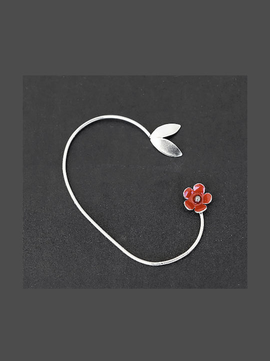 Ohrring Manschette Rote Blume Linkes Ohr Handgefertigt Schwarzes Silber 925
