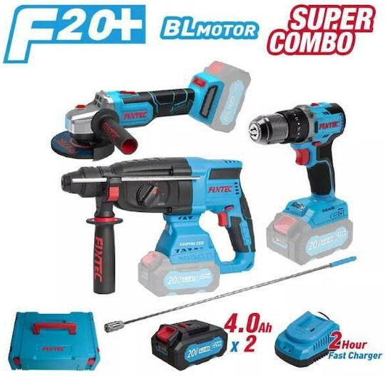 FixTec FCK031-125 Σετ Γωνιακός Τροχός, Δράπανο & Πιστολέτο Brushless 20V με 2 Μπαταρίες 4Ah και Θήκη