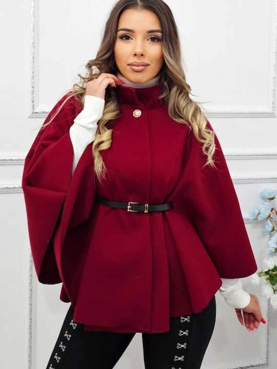 Palton Damă Burgundy Roșu Cape Supradimensionat