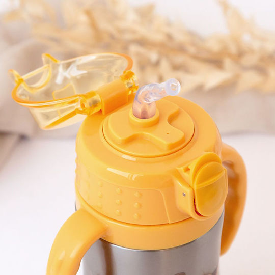 Kiokids Lion Cub Kids Water Bottle Thermos Stainless Steel with Straw Yellow 280ml