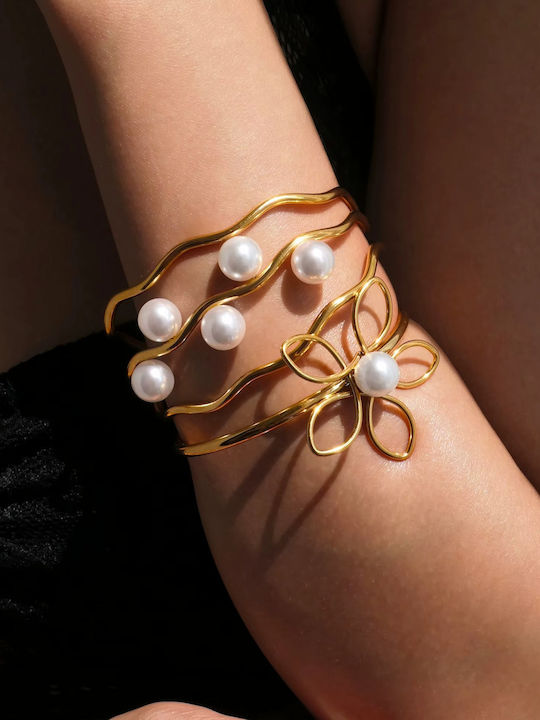 Enotia Damenarmband Glücksbringer Handschellen mit Blumenmuster aus Stahl Vergoldet mit Perlen ENBOT1092-SST