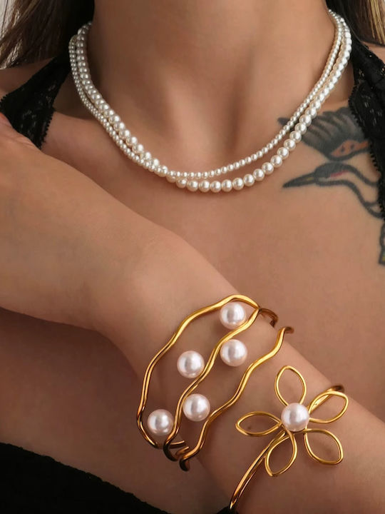 Enotia Damenarmband Glücksbringer Handschellen mit Blumenmuster aus Stahl Vergoldet mit Perlen ENBOT1092-SST