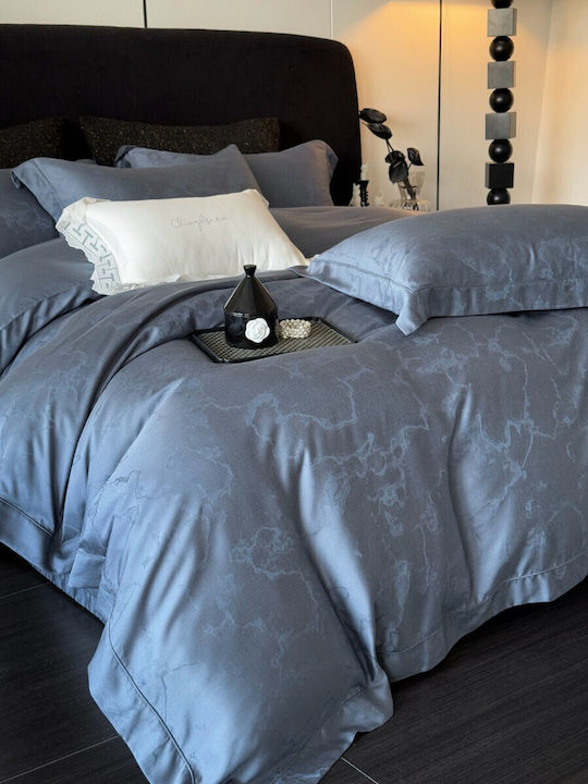 Σετ Παπλωματοθήκη Υπέρδιπλη 220x240cm 100% Lyocell Ζακάρ 2 Μαξιλαροθήκες & 1 Σεντόνι Μπλε