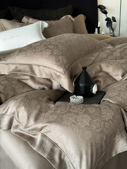 Σετ Παπλωματοθήκη Υπέρδιπλη 220x240cm 100% Lyocell Ζακάρ 2 Μαξιλαροθήκες & 1 Σεντόνι Καφέ