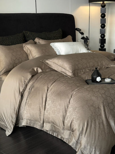Σετ Παπλωματοθήκη Υπέρδιπλη 220x240cm 100% Lyocell Ζακάρ 2 Μαξιλαροθήκες & 1 Σεντόνι Καφέ