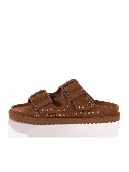Leather Women's Flat Sandals Tabac Brown