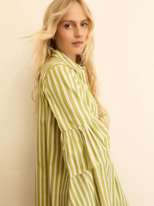Poplin Midi Hemdkleid mit Rüschen Lime