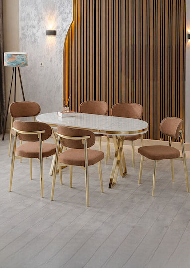 Set Trapezării Olso Cafeniu Cu Picioare Aurii-marmură Cu Model Alb 170x90x75cm
