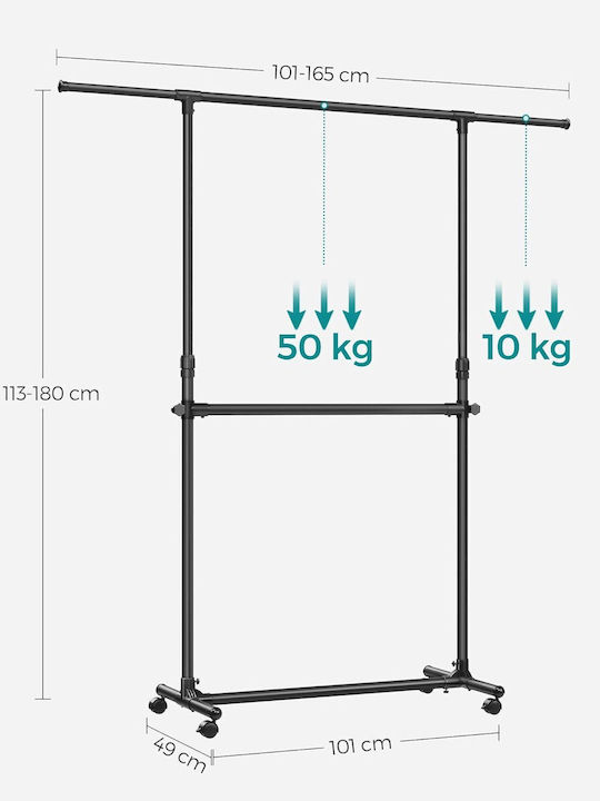 Songmics Teleskopischer Metallischer Kleiderständer mit Rädern Schwarz