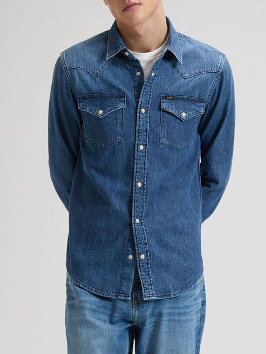 Western Long Sleeve Denim Shirt in Regular Fit Denimblue