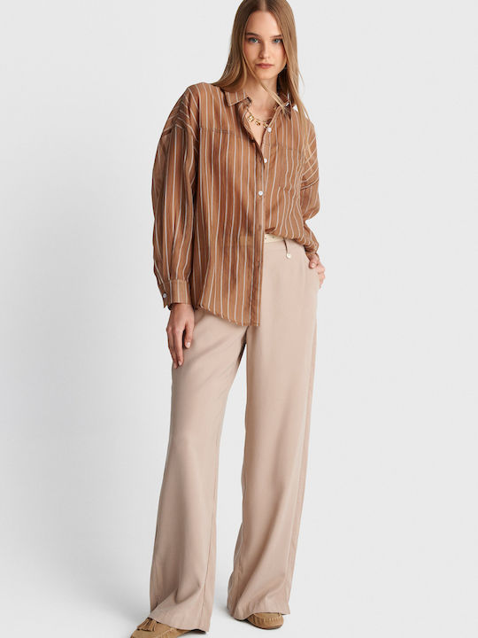 Long Sleeve Women's Shirt Brown Striped