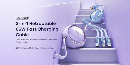 Ausziehbar USB zu Blitzschlag / Typ-C / Micro-USB Kabel 2A Lila 1m (RC-C029)