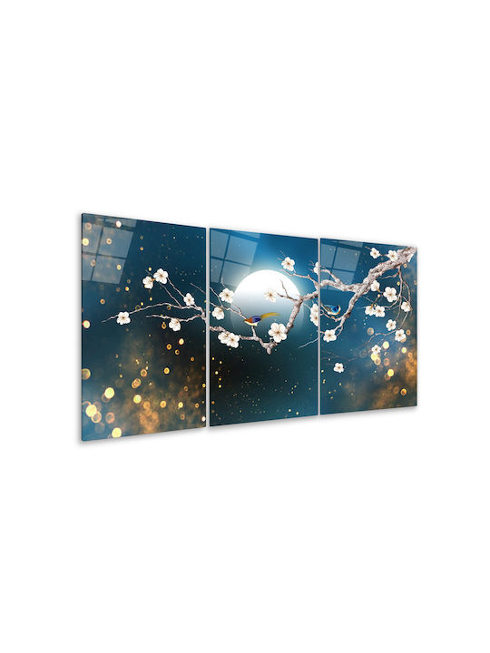 Threefold Glass Set With Flower Branch In Dark Blue (60x90cm)