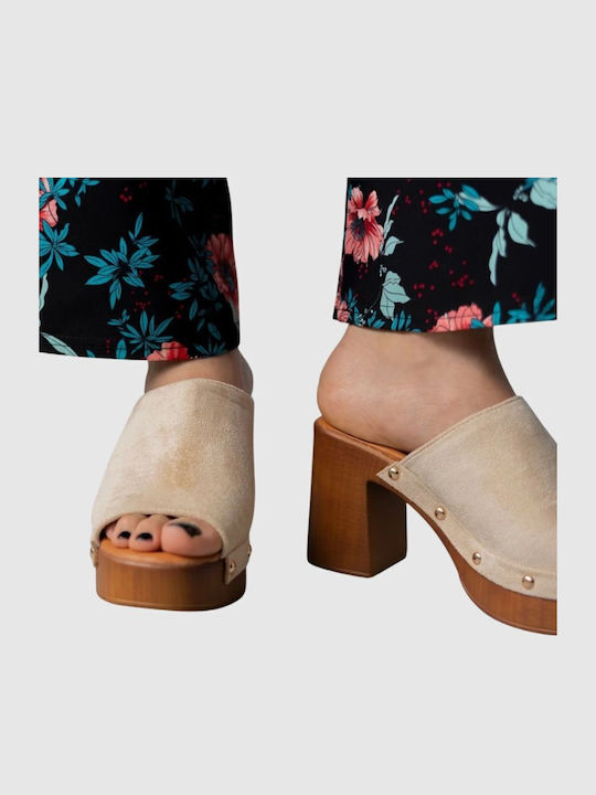 Suede Mules with High Heel in Beige Colour