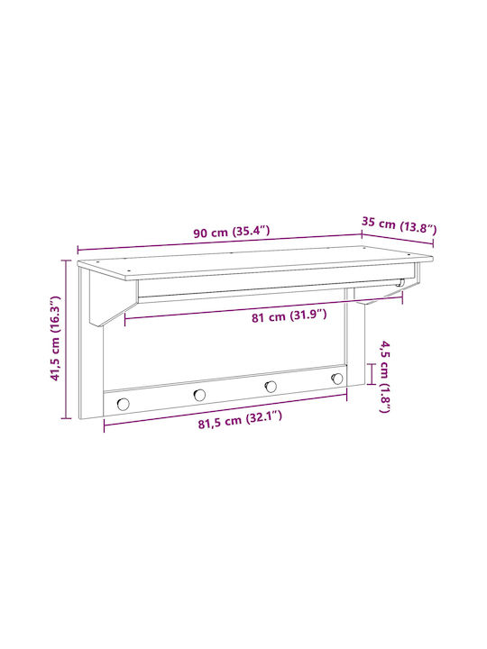 vidaXL Wooden Wall Hanger 4 Hooks Brown 90x35cm