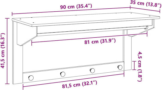 vidaXL Wooden Wall Hanger 4 Hooks Brown 90x35cm
