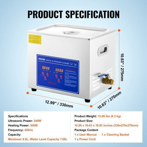 Vevor Ultrasonic Cleaner 10lt Inox with Digital Timer