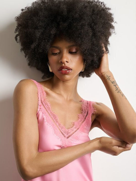 Women's Satin Blouse with Spaghetti Straps & V-Neckline Pink