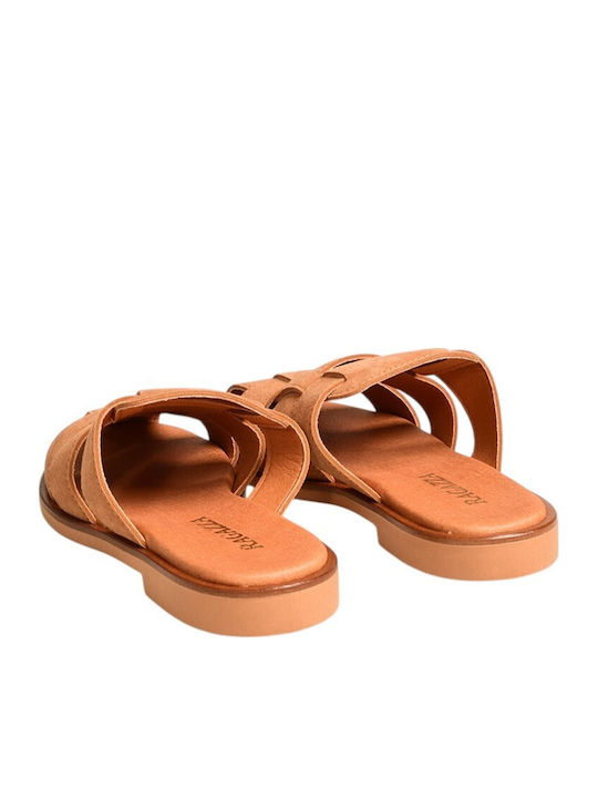 Leder Flache Damen Sandalen Tabac Braun