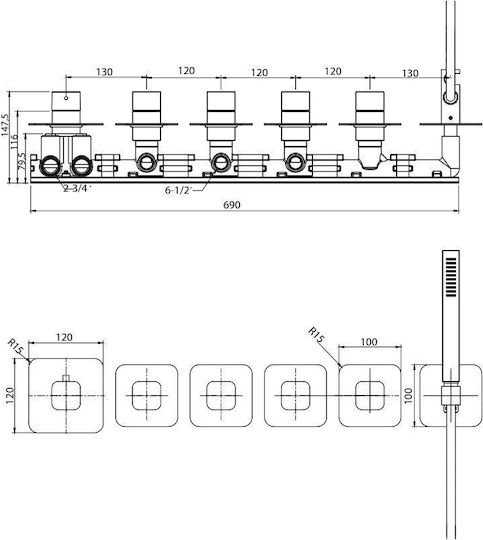 Sparke Oneral Built-in Mixer, Hand Shower & Shower Head Set for Shower 3 Exits Inox Silver