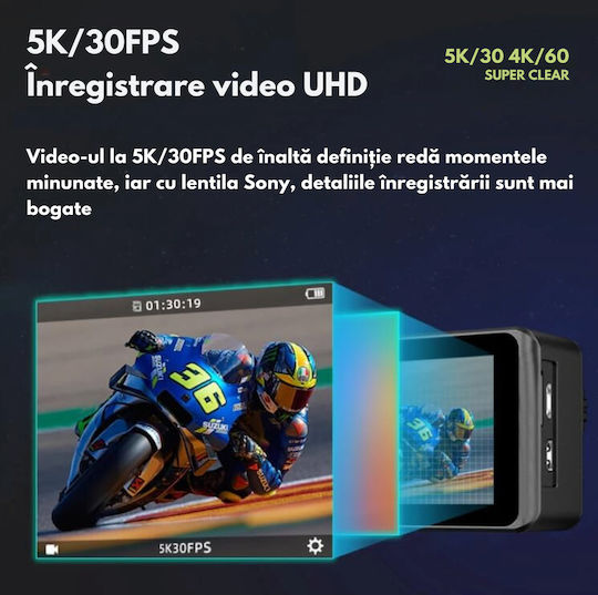 DB-0068 Cameră de Acțiune 256GB 5K Subacvatică (cu Husă) cu Ecran 2" și Wi-Fi Neagră